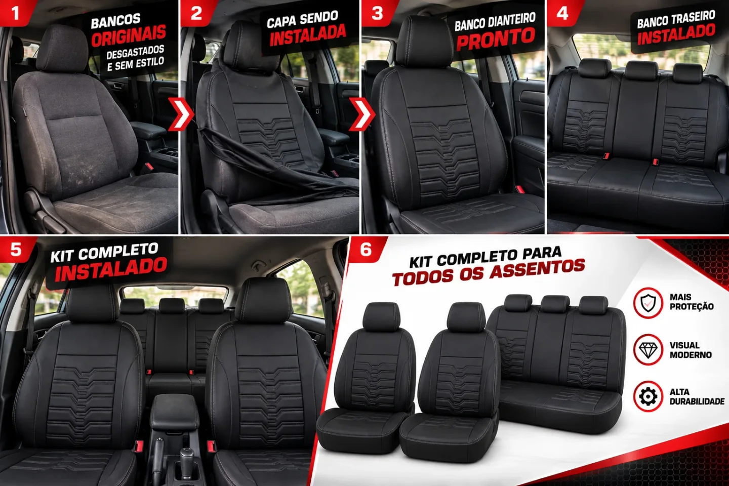 Como instalar: 1 bancos originais, 2 capa sendo instalada, 3 banco dianteiro pronto, 4 banco traseiro instalado, 5 kit completo instalado, 6 kit completo para todos os assentos